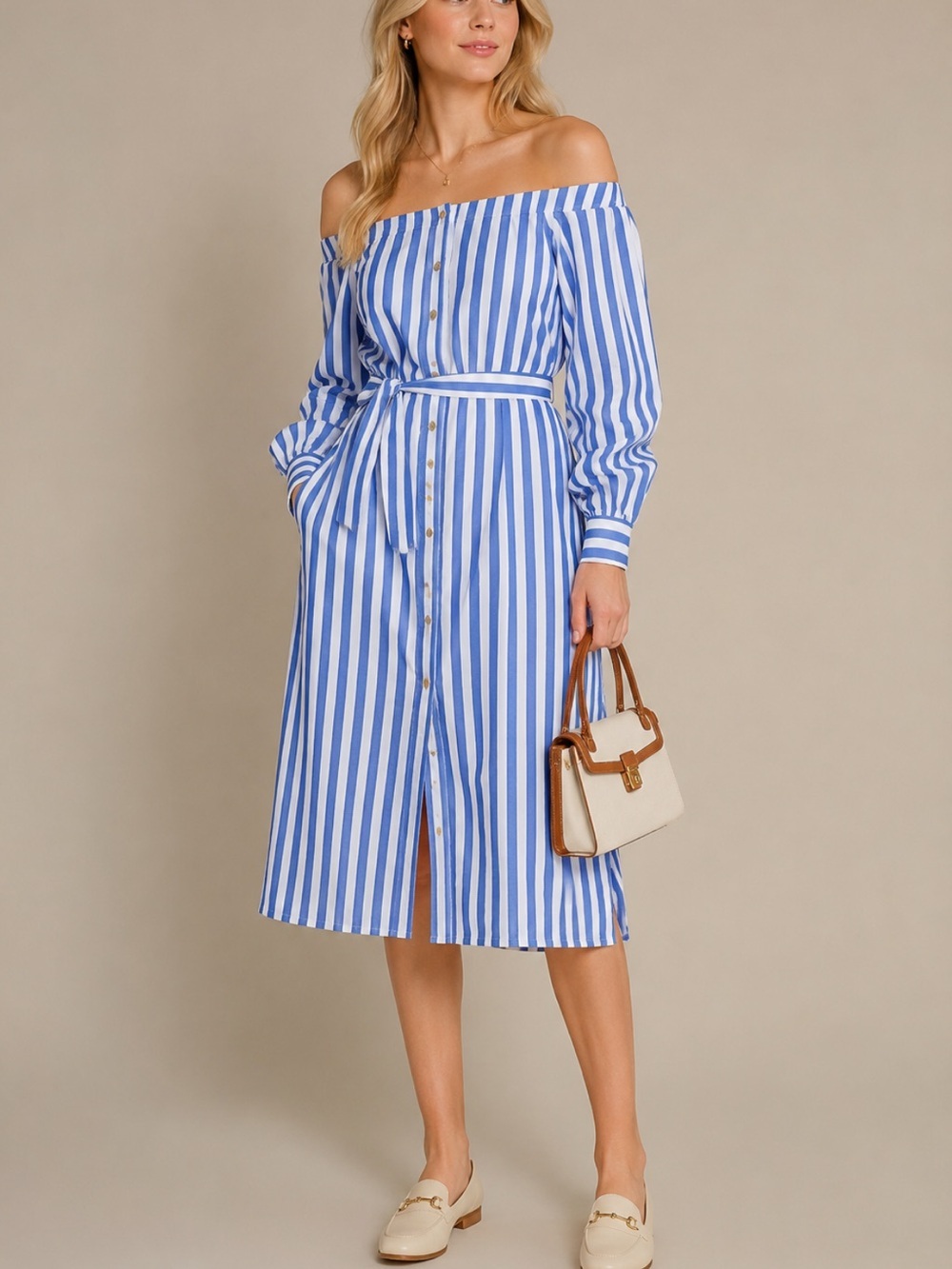 New! Banana Republic Blue Stripe Off-Shoulder Shirt Dress Size XL 54746